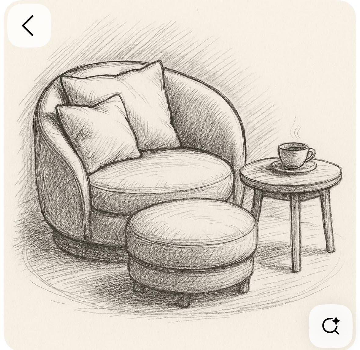 Tegning af en hyggelig lænestol med skammel og kaffebord
